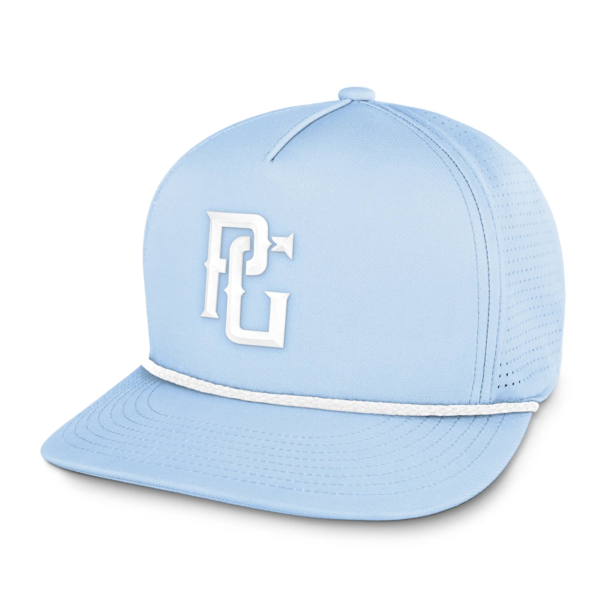 Light blue cap with a white logo on a white background
