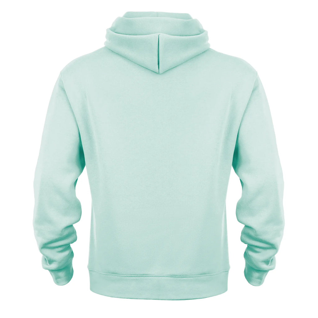 Light blue hoodie shown from the back on a white background